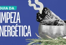Guia prático para fazer limpeza energética de ambientes Arte gráfica, com sálvia, palo santo e alecrim, falando do Guia de Limpeza Energética