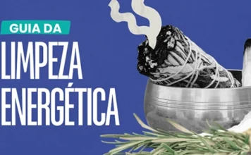 Guia prático para fazer limpeza energética de ambientes Arte gráfica, com sálvia, palo santo e alecrim, falando do Guia de Limpeza Energética