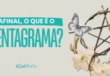 Significado espiritual do Pentagrama e seu uso nas diferentes tradições Imagem institucional iQui, com símbolo do pentagrama, flores e "Afinal, o que é o Pentagrama?"