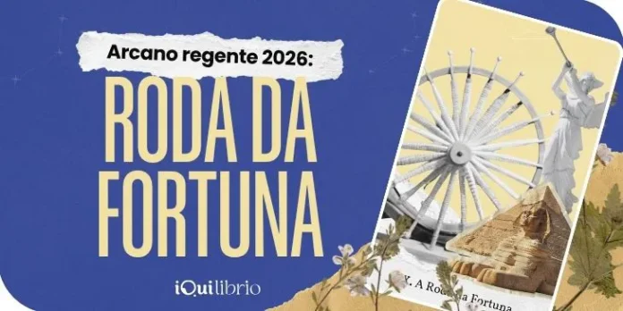 Imagem institucional da iQui, com o Arcano Roda da Fortuna e texto