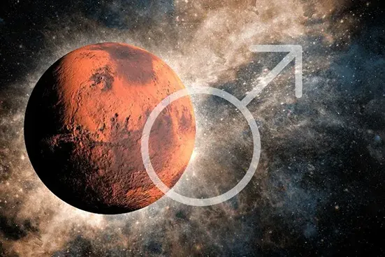 Imagem gráfica, mostrando o planeta marte sobre via láctea, com símbolo de marte