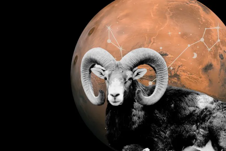Imagem gráfica de carneiro sobre o planeta Marte em fundo escuro