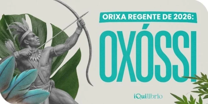 Imagem de Oxóssi apontando seu arco, com penas e folhas. Na imagem, lemos que ele é o Orixá regente de 2026