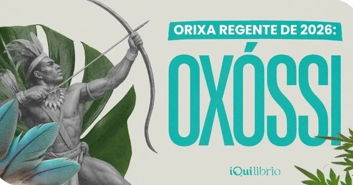 O Orixá regente de 2026 é Oxóssi: sabedoria,  proteção e prosperidade Imagem de Oxóssi apontando seu arco, com penas e folhas. Na imagem, lemos que ele é o Orixá regente de 2026