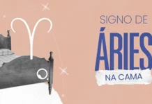 Signo de Áries no sexo: como o Fogo guia desejo e conexão Imagem institucional, com uma cama e o símbolo de áries + "Áries na Cama"