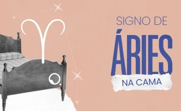 Signo de Áries no sexo: como o Fogo guia desejo e conexão Imagem institucional, com uma cama e o símbolo de áries + "Áries na Cama"
