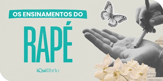 rape Imagem mostra colagem de elementos que lembram a floresta, uma mão aberta e um soprador de rapé