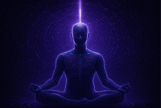 Imagem digital de ser humano sentado em posição de lótus, meditando, recebendo energia lilás.